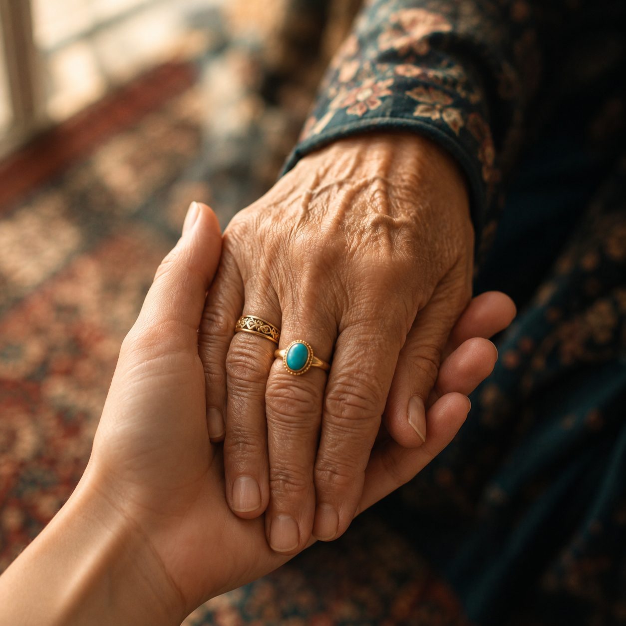 A younger hand gently holding an elderly hand