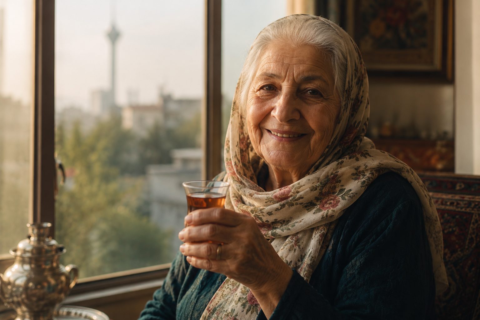 An elderly Iranian mother smiling by a sunlit window, holding a glass of tea