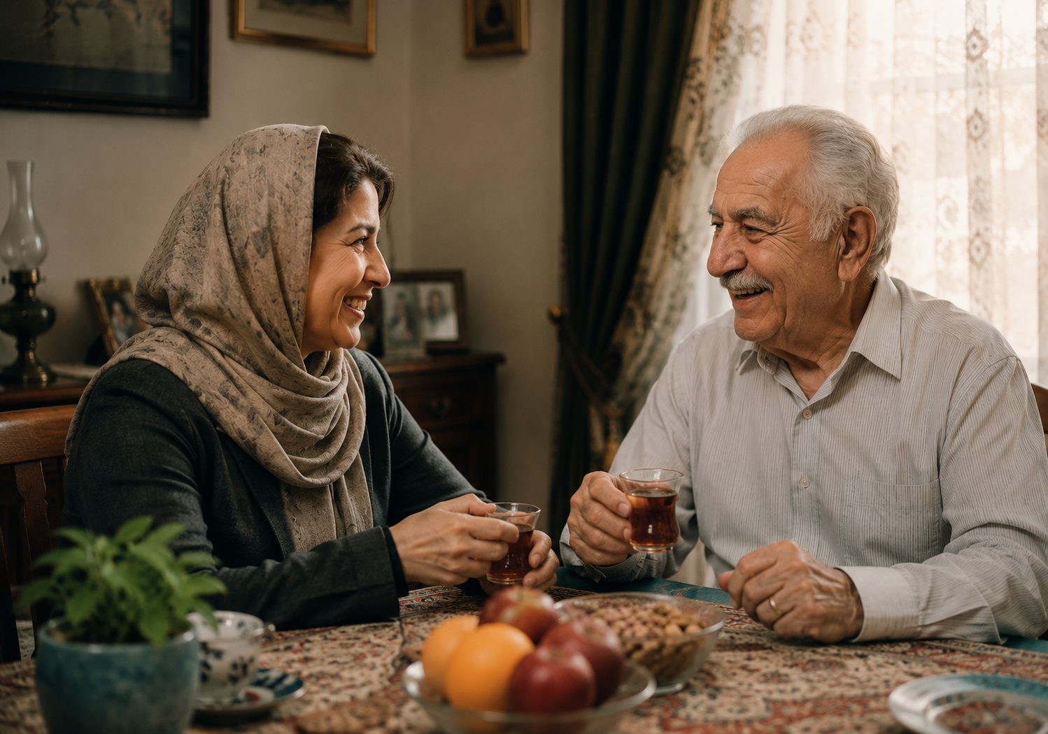 A caregiver sharing tea and laughter with an elderly Iranian man at his home